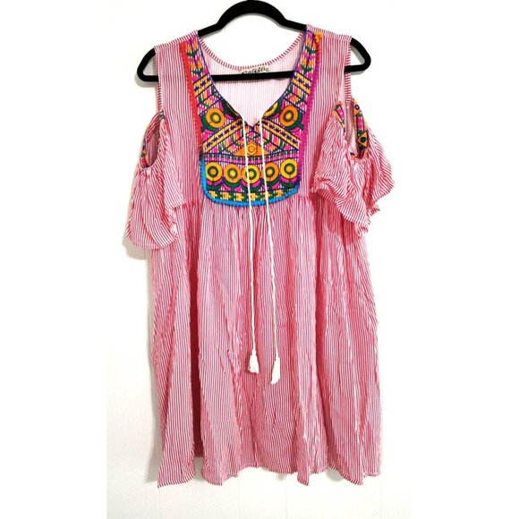 SAHIBA Stripe Flower Pot Patio House Dress TASSELS Red White L/XL - Picture 13 of 16